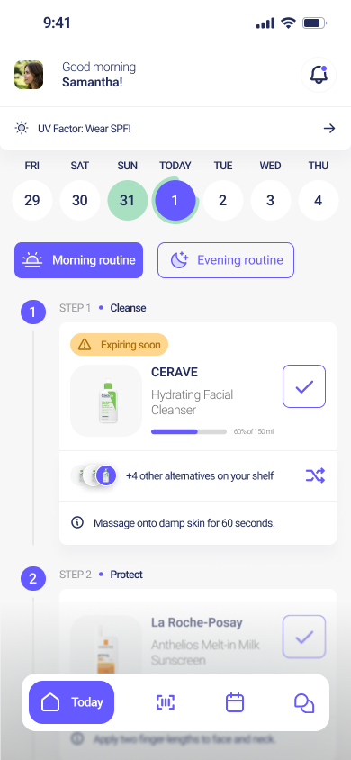 A skincare routine app on a phone