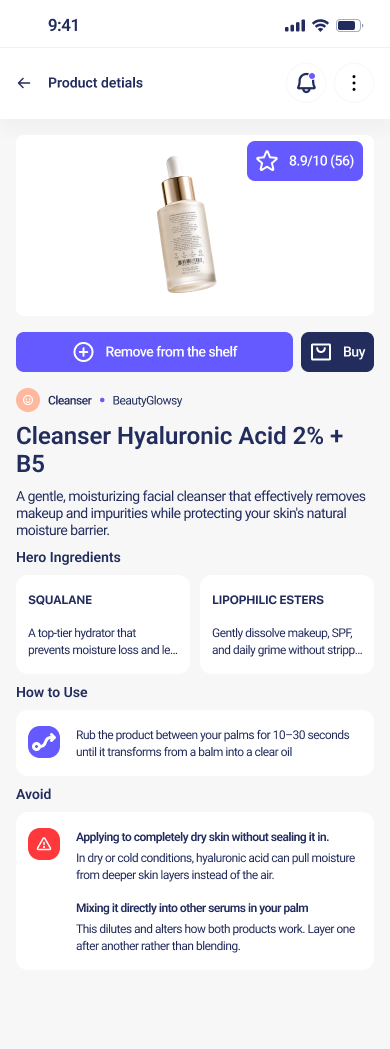 A phone scanning a skincare product and showing its ingredients