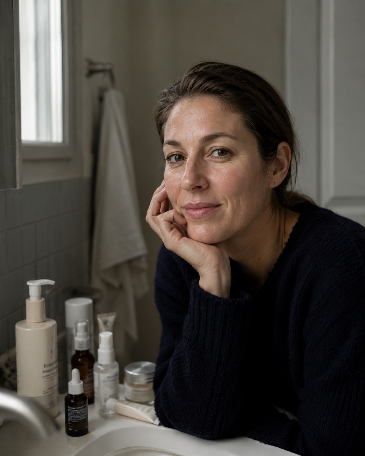 A woman with calm, healthy-looking skin beside her skincare