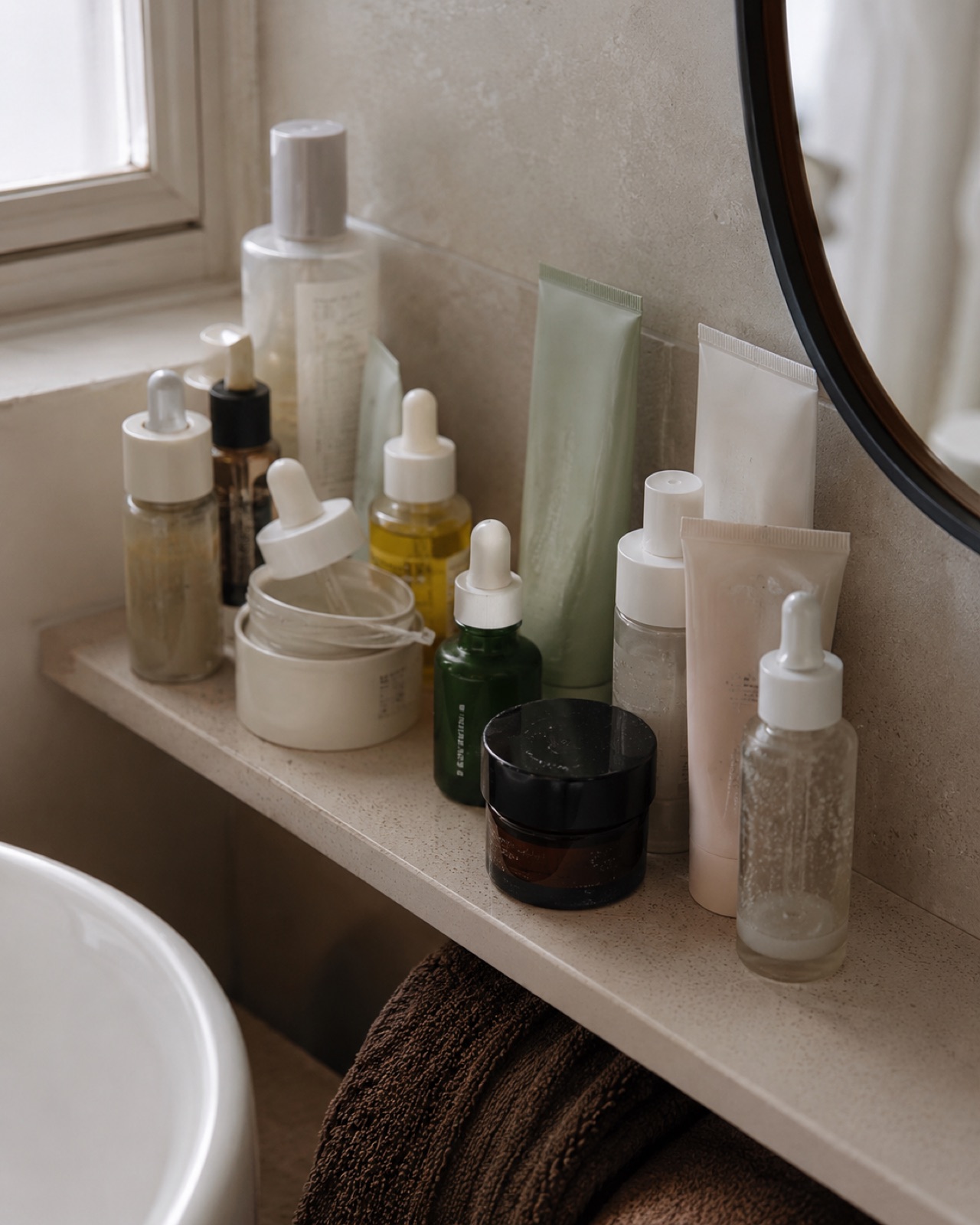 A row of assorted skincare bottles and droppers on a shelf