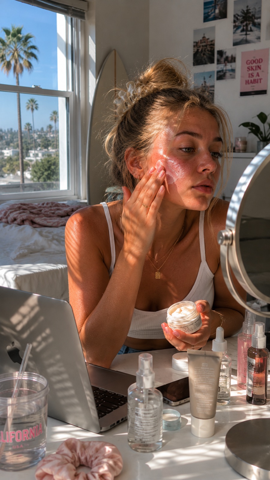 Someone fitting in their skincare at a sunny desk during a busy morning