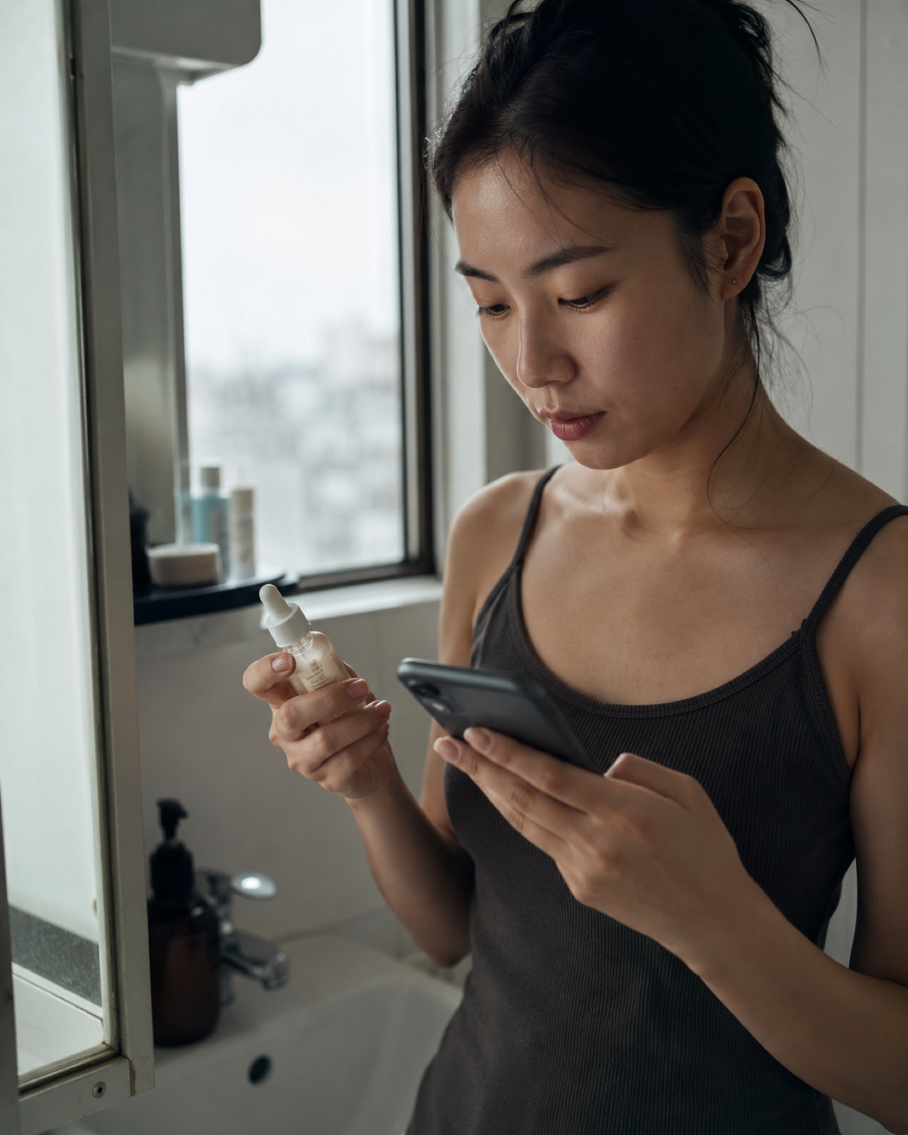 A woman examining a skincare product next to her phone