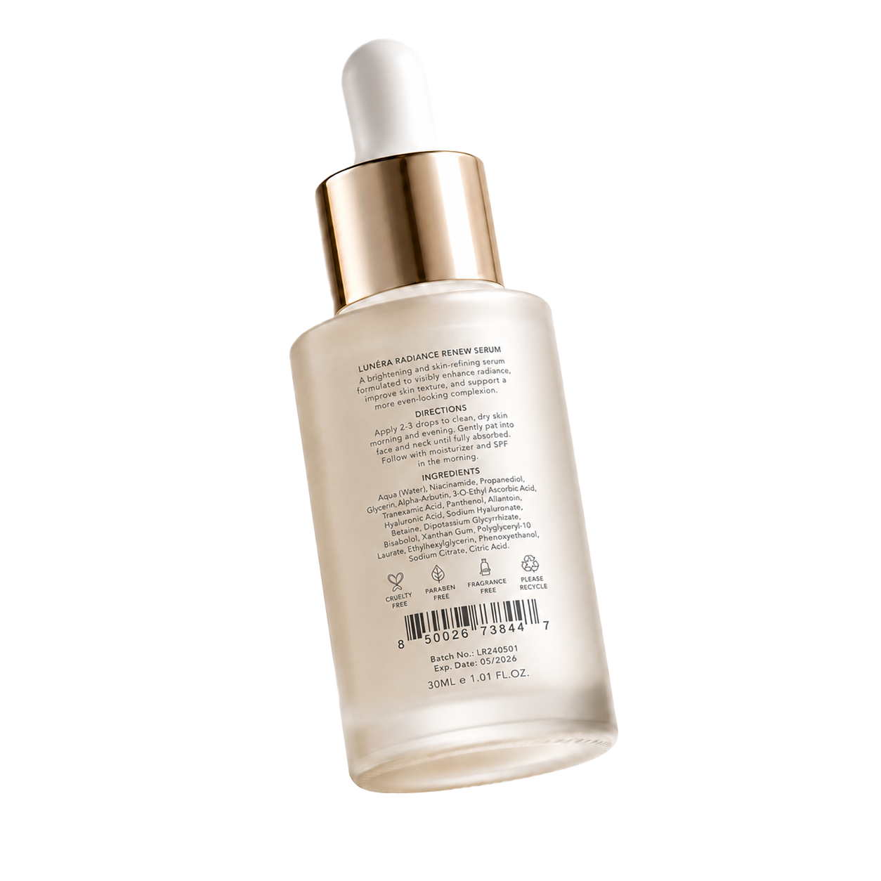 The back of a serum bottle showing its printed ingredient list