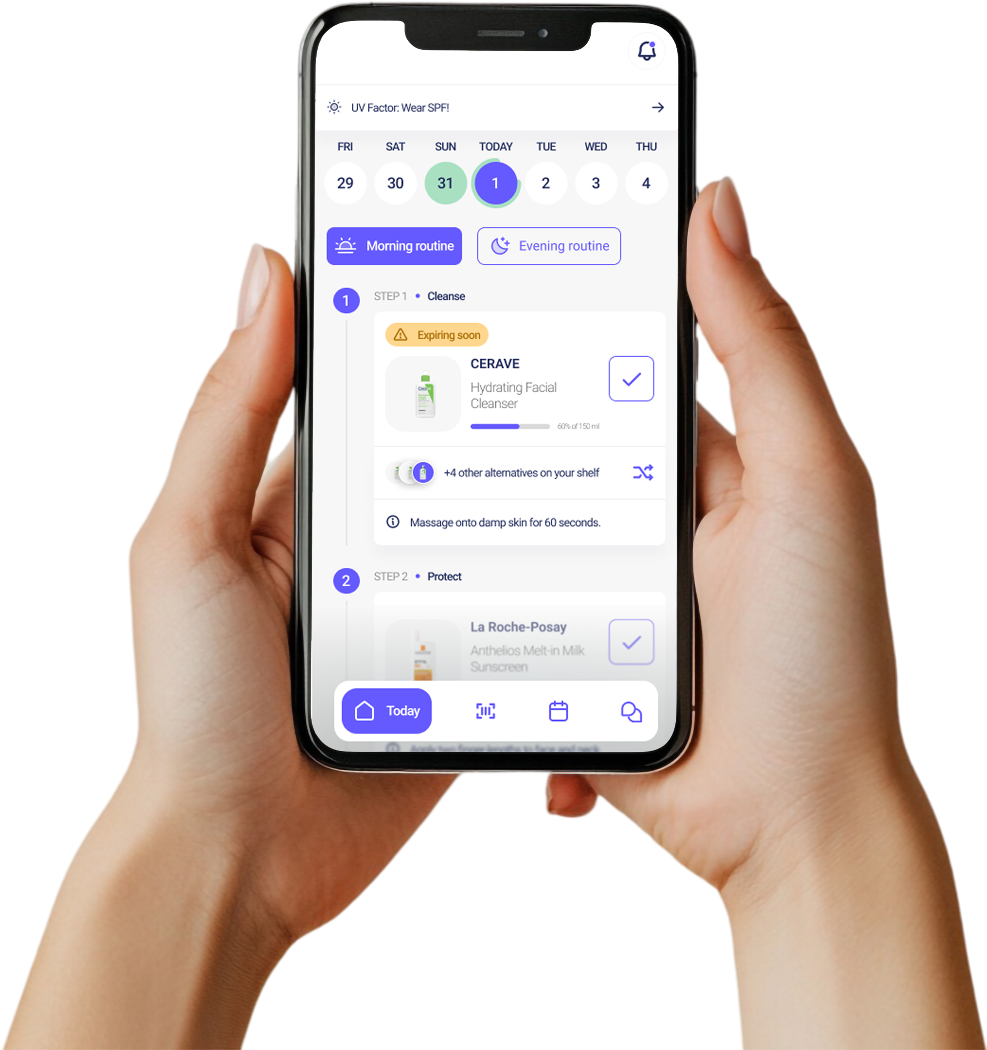 Two hands holding a phone, mid-scroll through a skincare app